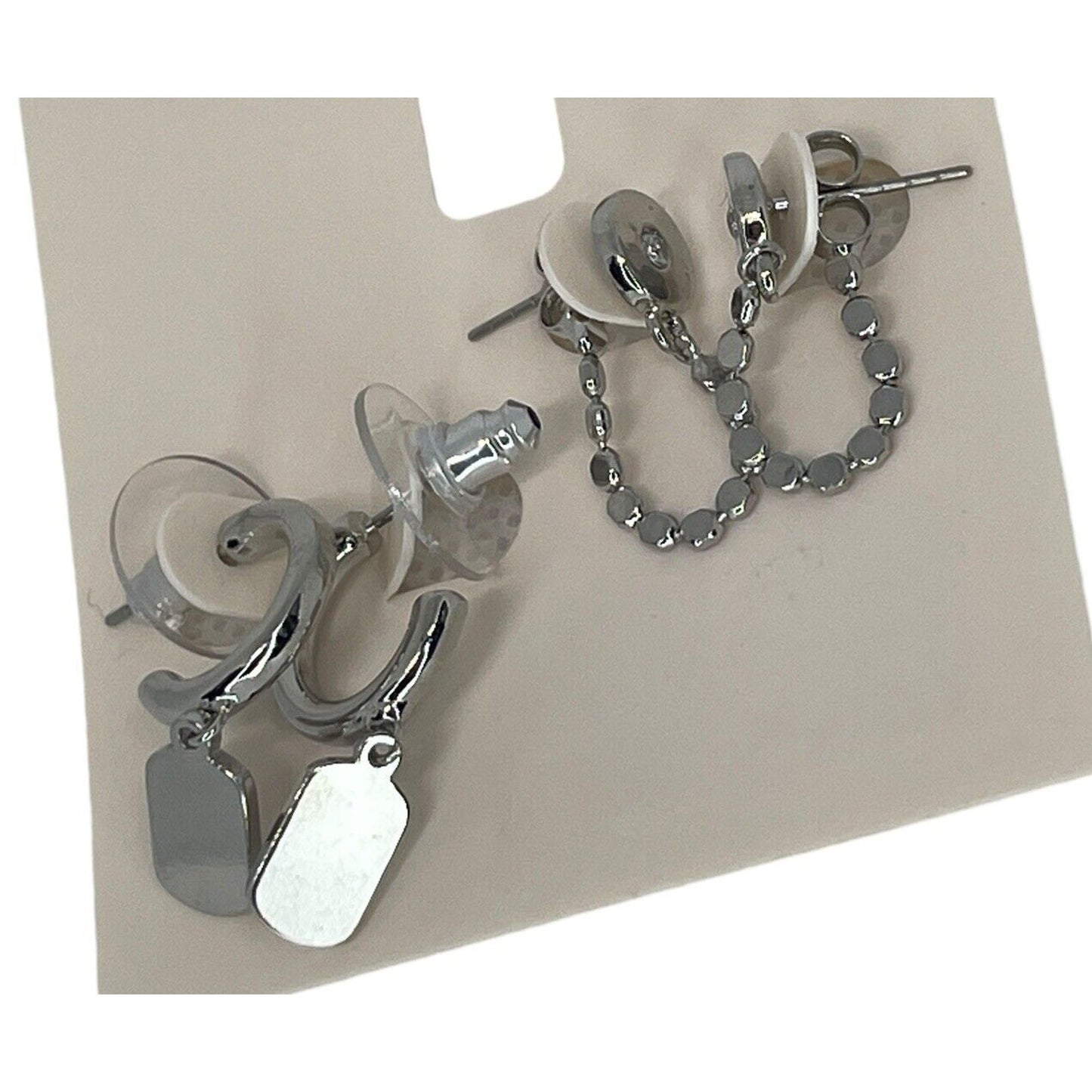 Silver Tone Drop Hoop Earrings (2pc Set) Tag Charm Fashion Style Trendy Chic NWT