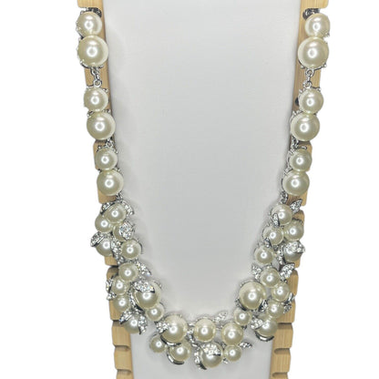 Silver Tone Faux Pearl Crystal Necklace Statement Stunning Elegant Chic Fashion