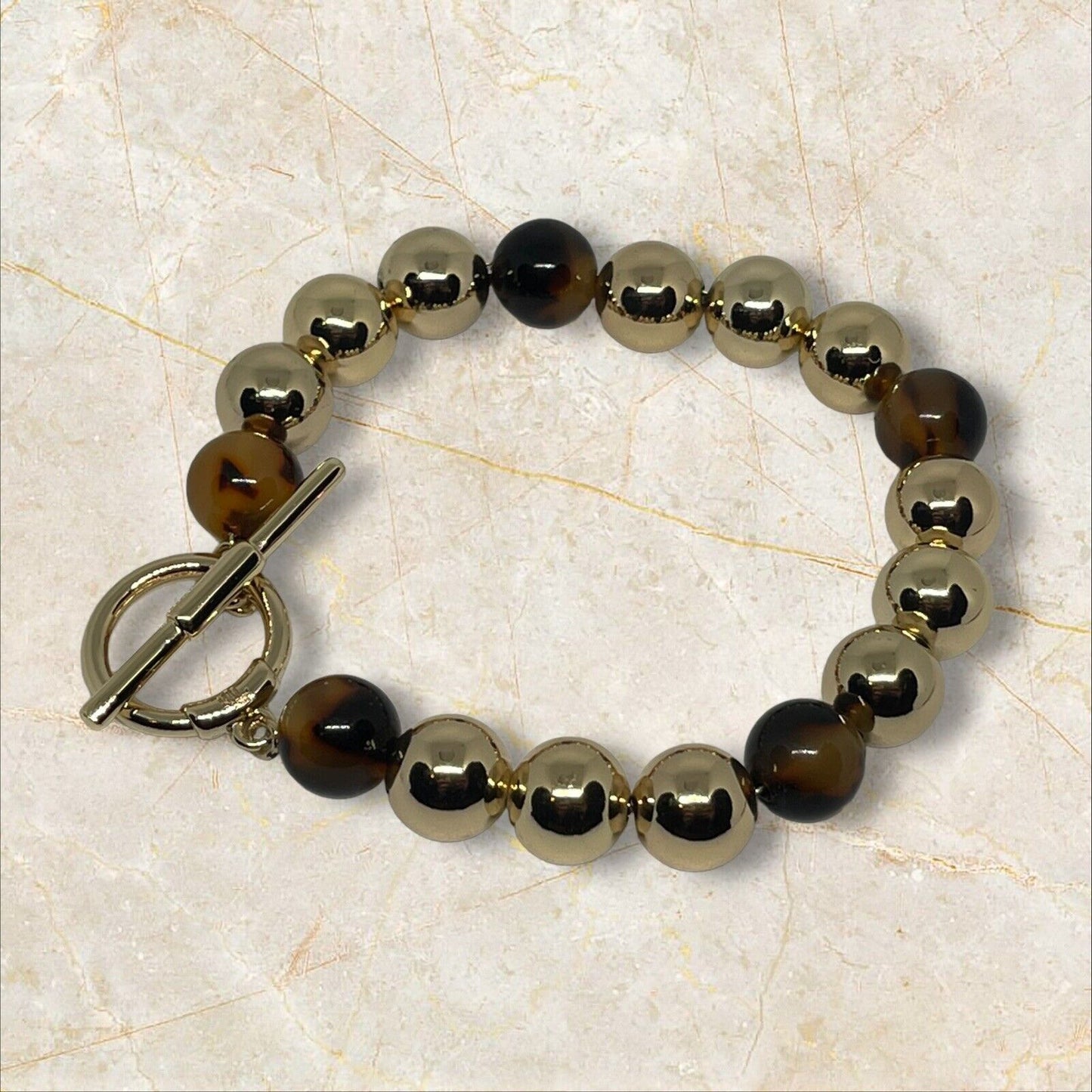 Ralph Lauren Gold Tone Tortoiseshell Bead Flex Bracelet Chic Trendy Fashion NWT