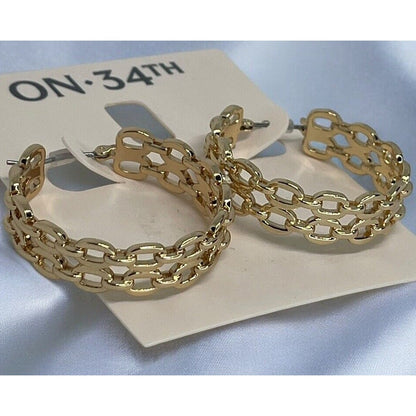 Gold Tone Chain Hoop Earrings Elegant Chic Style Fashion Trendy Ladies Jewelry