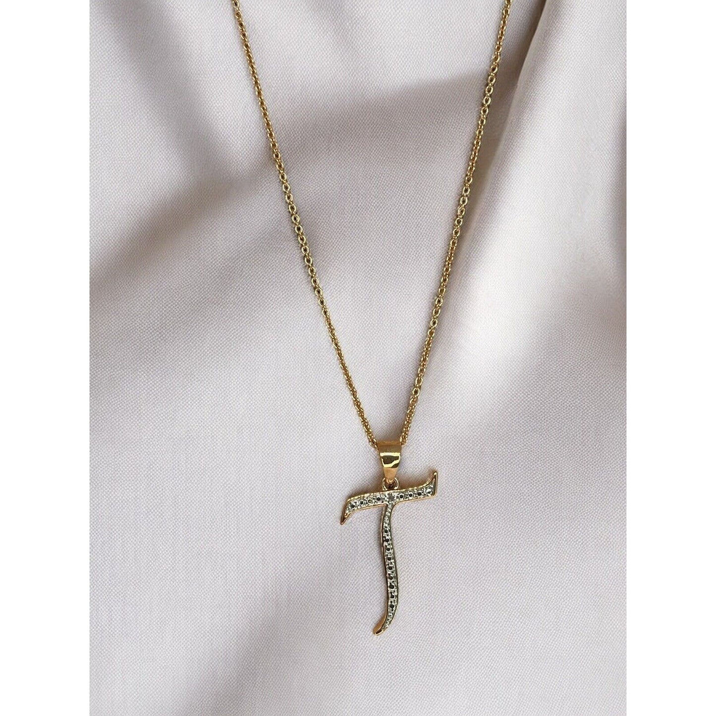 Diamond Accent ‘T’ Initial Pendant Necklace 14K Gold Plated Chic Trendy Fashion