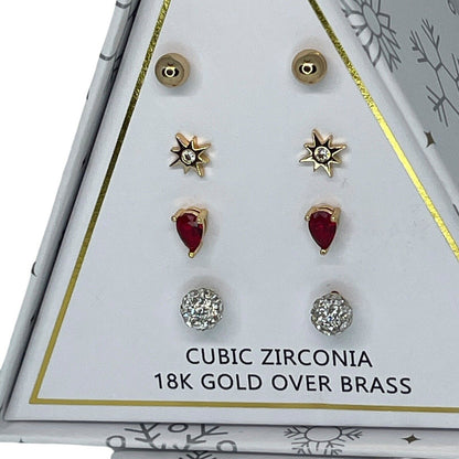 18K Gold Plate CZ Earrings 4pc Set Stunning Xmas Ornament Box Chic Christmas NWT