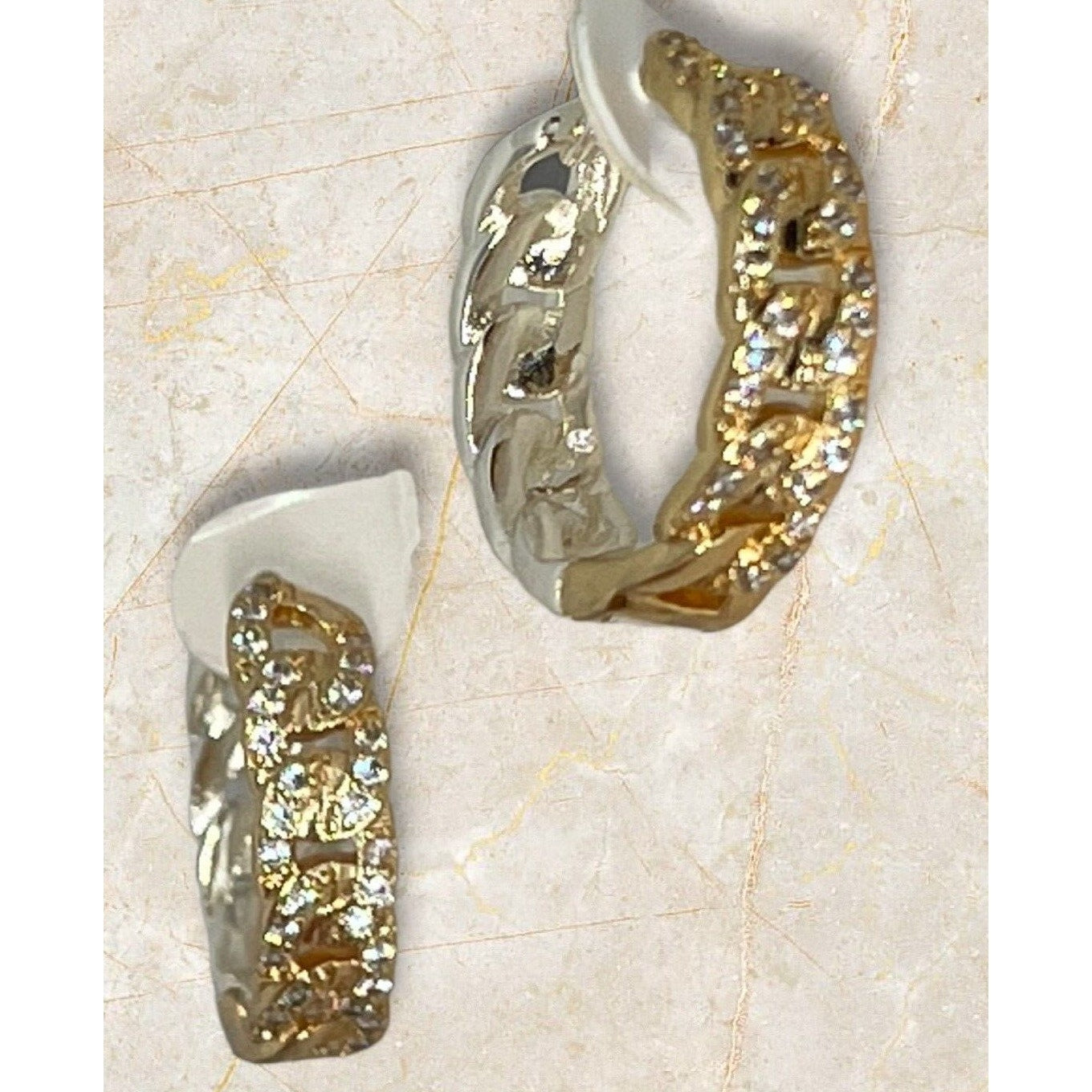 18K Gold Plate Chain Hoop Earrings CZ Two Tone Chic Trendy Fashion Cocktail NWT