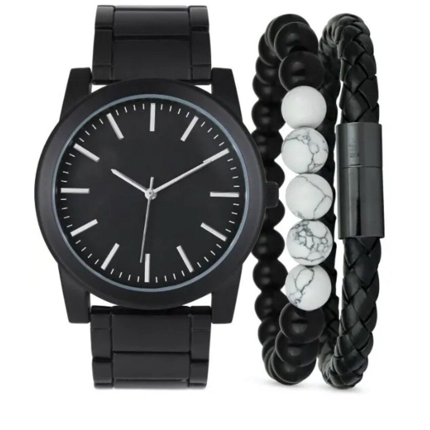 Black Tone Stainless Steel Men's Bracelet Watch Bracelet (3pc Set) Sleek Minimal