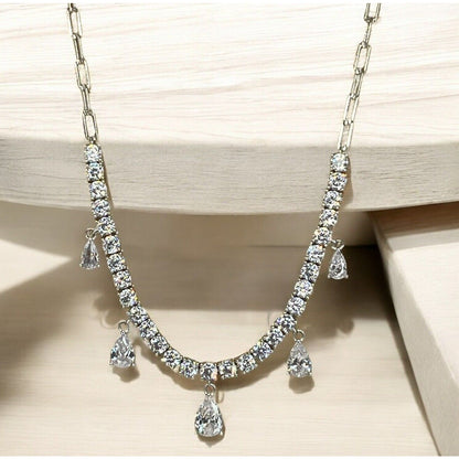 Sterling Silver Stunning CZ Collar Necklace Elegant Style Shiny Chic Dangle NWT