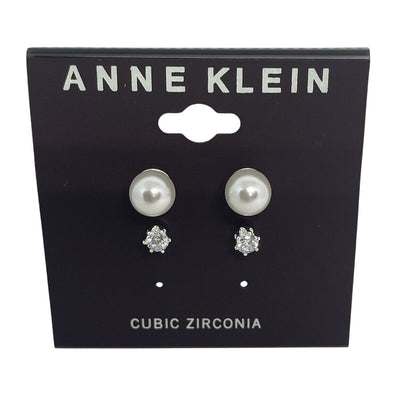 Anne Klein Silver Tone Faux Pearl CZ Earrings (2pc Set) Elegant Chic Trendy NWT