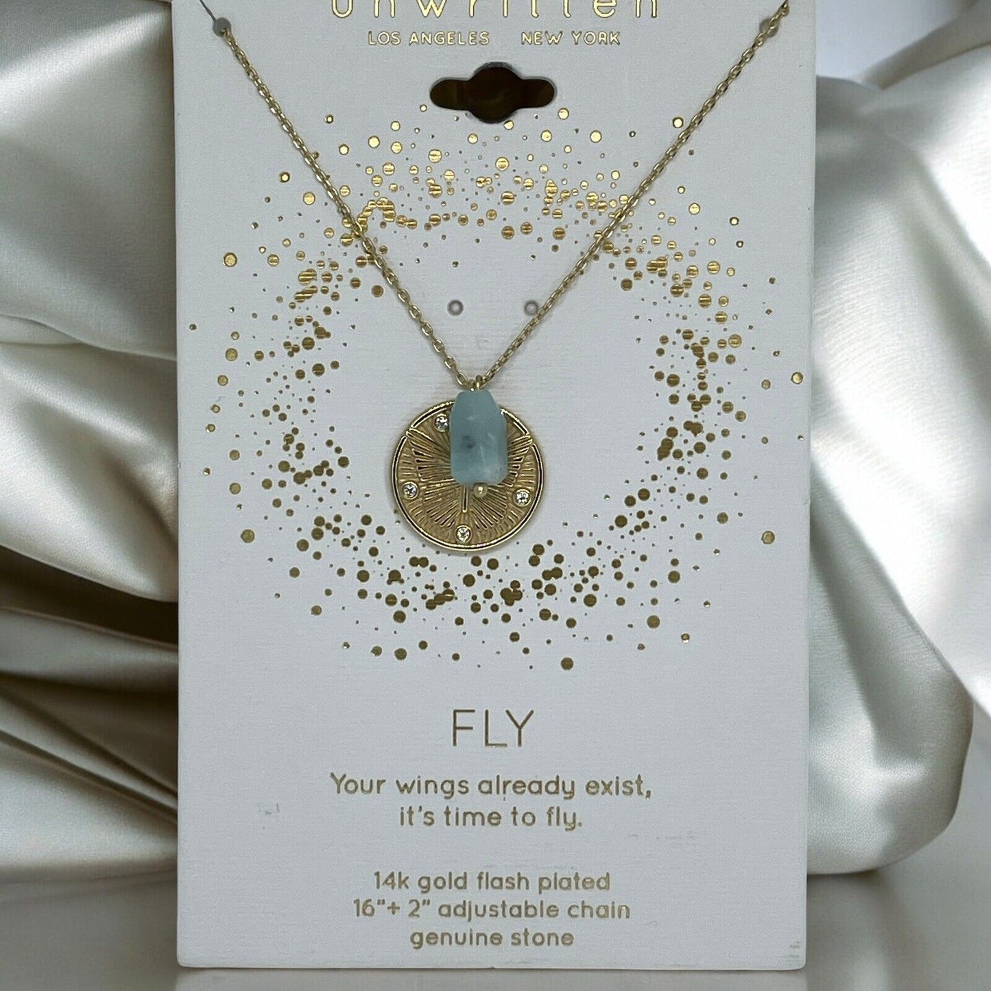 Unwritten Natural Amazonite 14K Gold Plated Necklace Butterfly Coin Pendant Chic