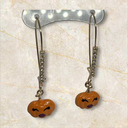 Betsey Johnson Halloween Pumpkin Earrings Gold Tone Crystal Holiday Chic Stylish