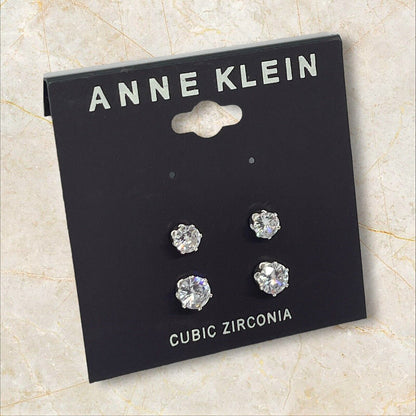 Anne Klein Silver Tone CZ Stud Earrings (2pc Set) Fashion Glitz Trendy Style NWT