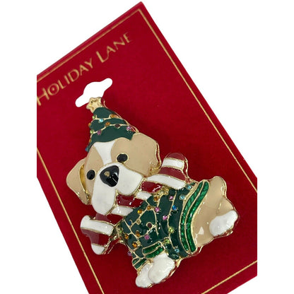 Gold Tone Puppy Xmas Tree Brooch Crystal Christmas Holiday Winter Fashion NWT