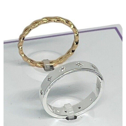 18K Gold Plated Chain CZ Band Ring (2pc Set) Sz 9 Trendy Style Fashion Chic Vday