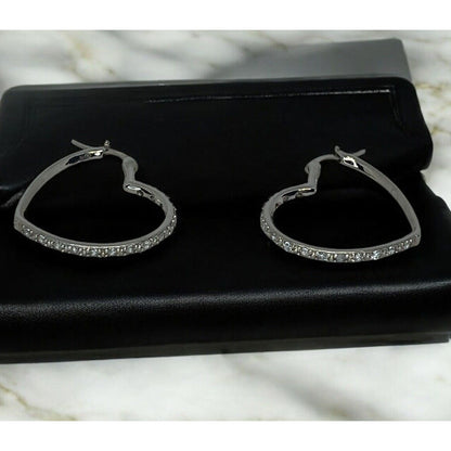 Silver Plated CZ Heart Hoop Earrings Chic Fashion Shiny Stylish Trendy NWT Vday