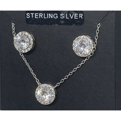 Sterling Silver CZ Necklace Earrings (2pc Set) Chic Glitz Trendy Stylish Vday