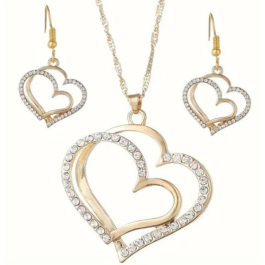 Gold Tone Crystal Double Heart Necklace Earrings (2pc Set) Chic Style Shiny Vday