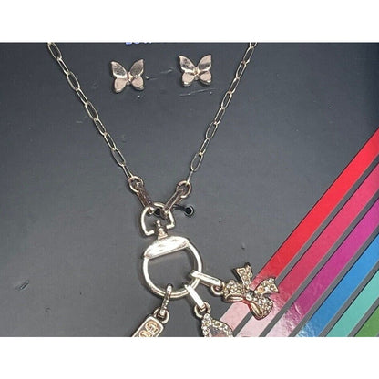 Guess Silver Tone Butterfly Charm Necklace Earrings (3pc Set) Trendy Style Vday