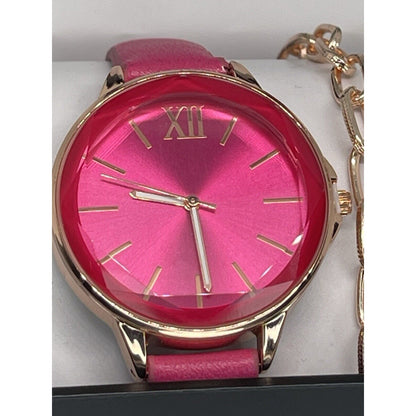 Gold Tone Faux Leather Pink Watch Bracelet (3pc Set) Stunning Style Trendy Vday