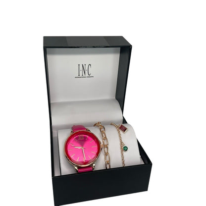 Gold Tone Faux Leather Pink Watch Bracelet (3pc Set) Stunning Style Trendy Vday