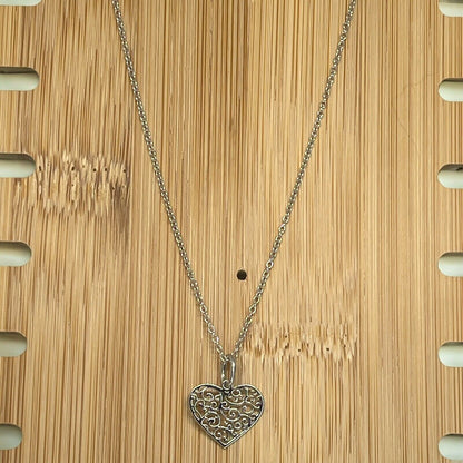 Sterling Silver Heart Filigree Pendant Necklace Open Work Style Fashion Stunning