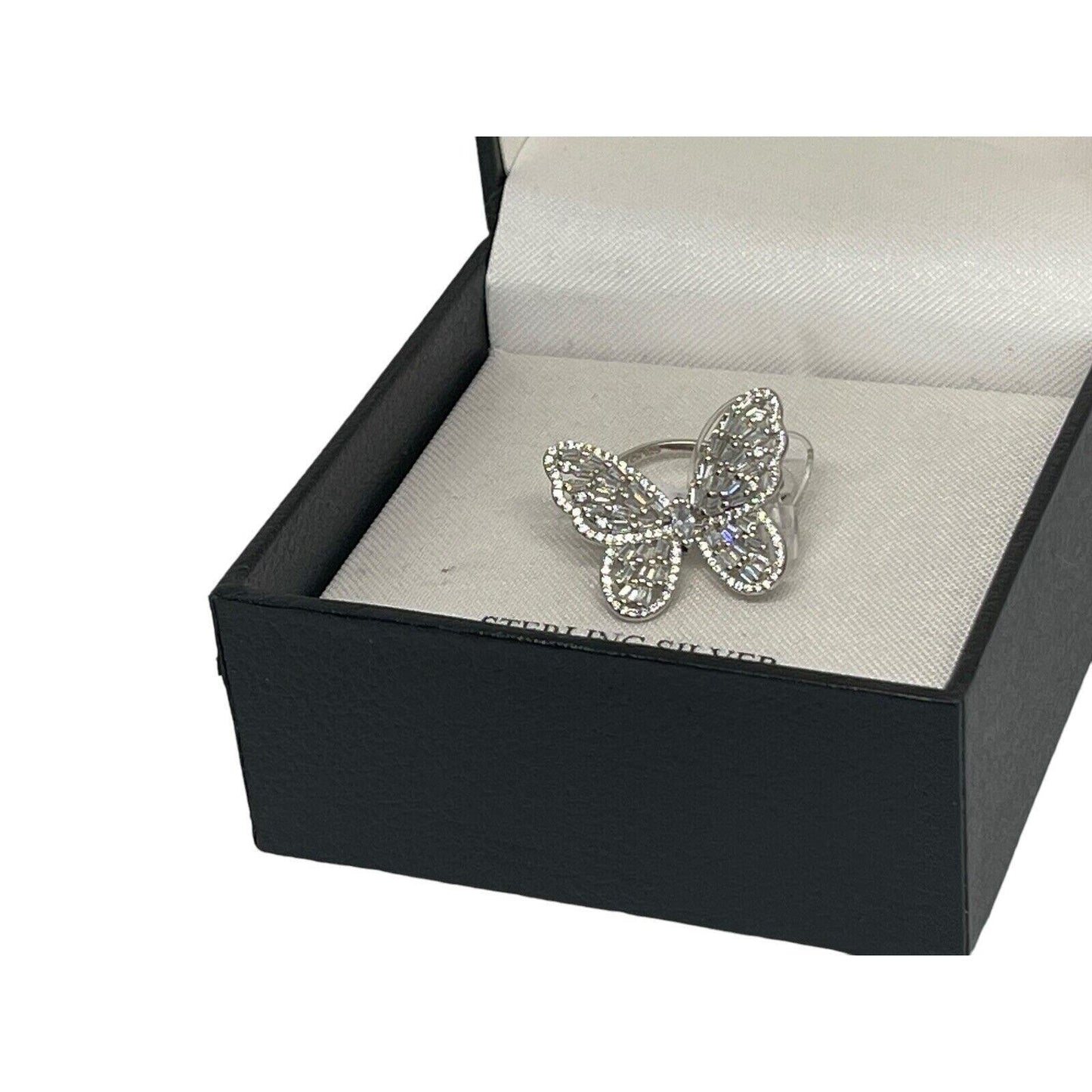 Sterling Silver CZ Butterfly Ring (Sz 7) Stunning Glitz Intricate Chic Fashion