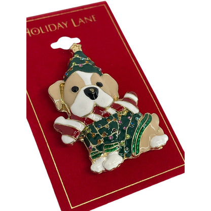 Gold Tone Puppy Xmas Tree Brooch Crystal Christmas Holiday Winter Fashion NWT