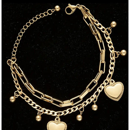 Gold Tone Layered Heart Charm Bracelet Chic Stylish Fashion Elegant Shiny NWT