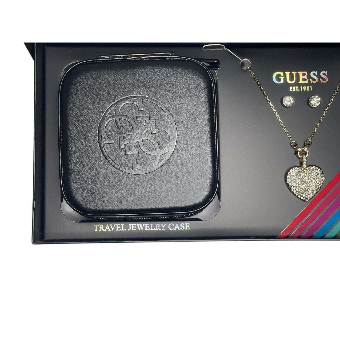 Guess Gold Tone Heart Charm Necklace Earrings 3pc Set Travel Case Trendy Vday