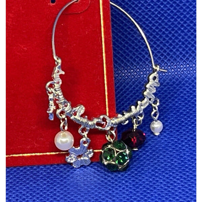 Silver Tone Crystal Xmas Earrings Faux Pearl Merry Christmas Holidays Snowflake