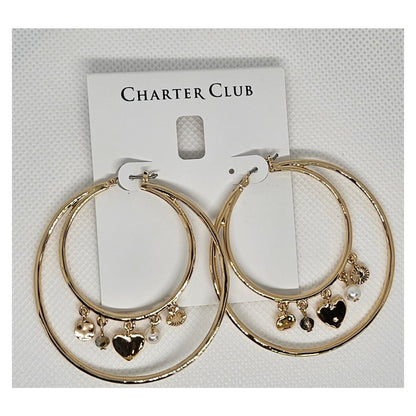 Gold Tone Double Hoop Faux Pearl Earrings Heart Charm Chic Trendy Fashion Style