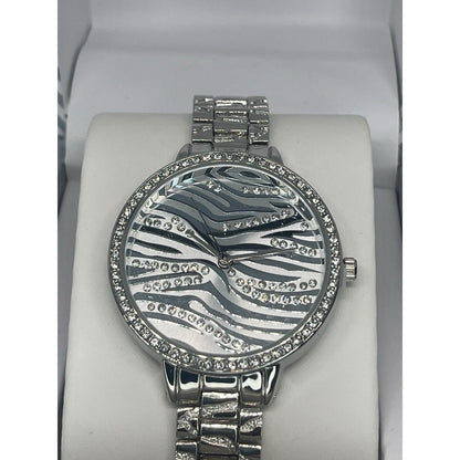 Silver Tone Crystal Bracelet Watch Zebra Print Stunning Chic Trendy Fashion Vday