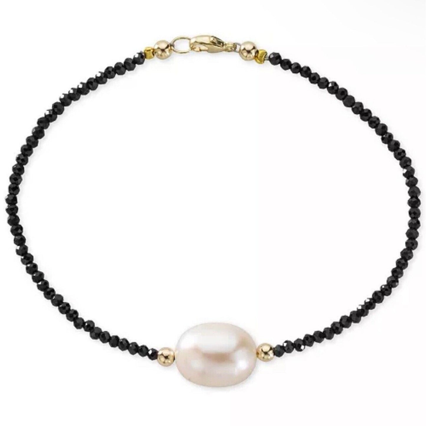 Pearl Solid 14K Gold Natural Black Spinel Bracelet Luxury Stunning Chic Trendy