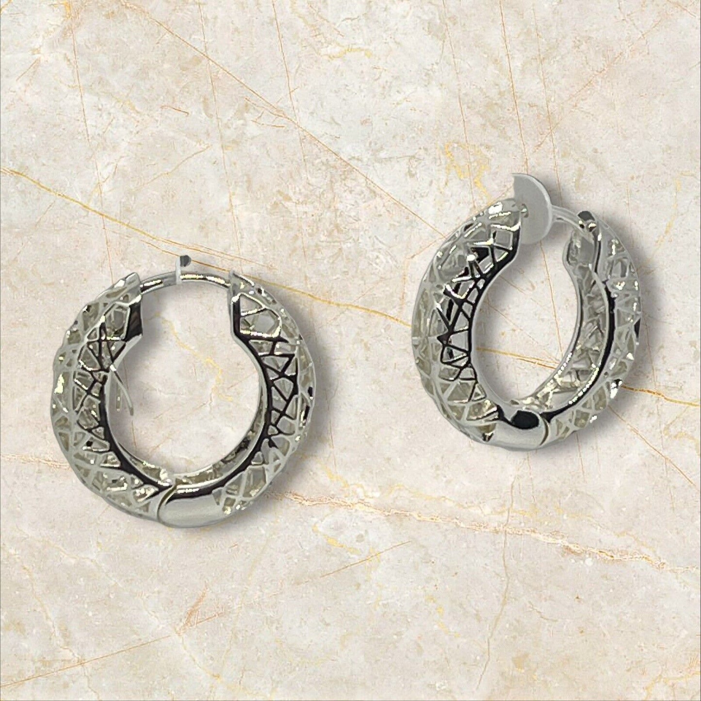 Essentials Silver Plated Filigree Hoop Earrings Open Work Stunning Style Trendy