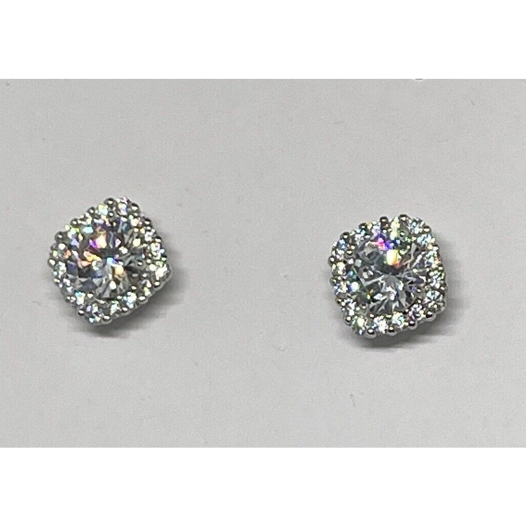 Sterling Silver Halo CZ Stud Earrings Glitz Fashion Chic Style Trendy Shiny NWT