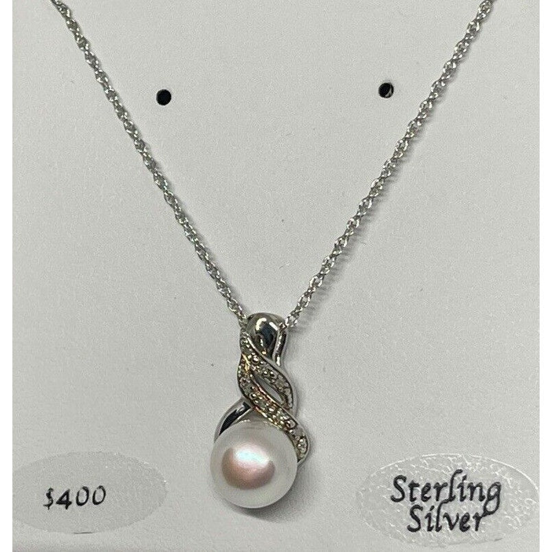 Natural Diamond Pearl (9mm) Necklace Sterling Silver Luxury Fashion Chic Elegant