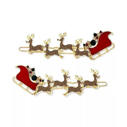 Gold Tone Crystal Xmas Santa Sleigh Barrette Hair Clip 2pc Set Reindeer Chic NWT