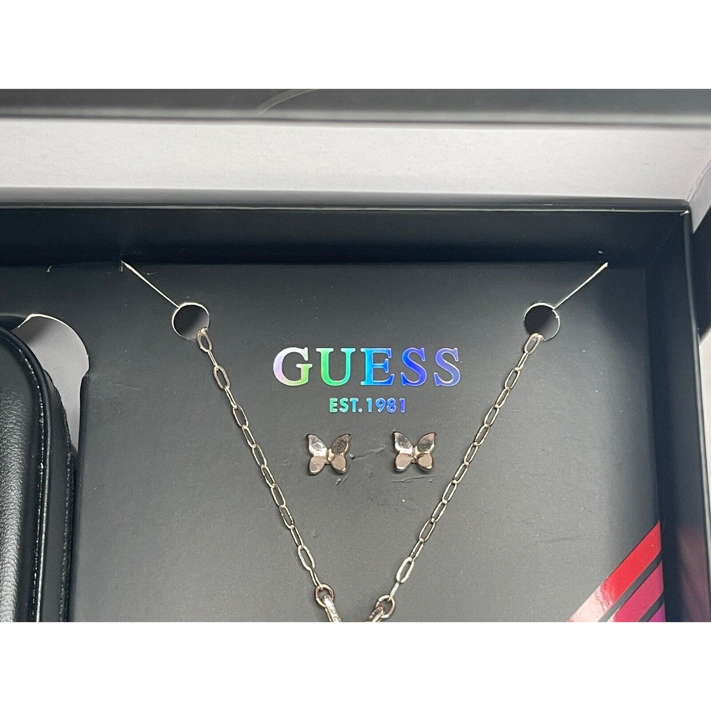 Guess Silver Tone Butterfly Charm Necklace Earrings (3pc Set) Trendy Style Vday