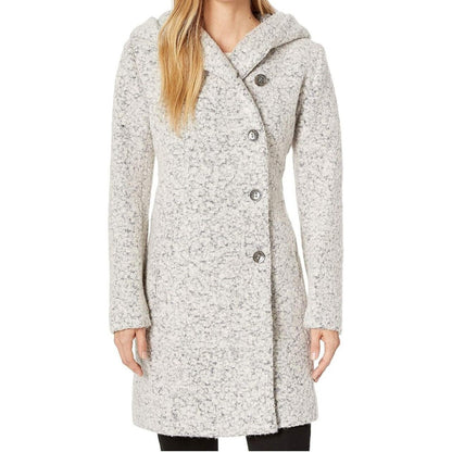 Cole Haan Signature Wool Asymmetrical Walker Coat (Sz 12) Gray Hooded Button NWT