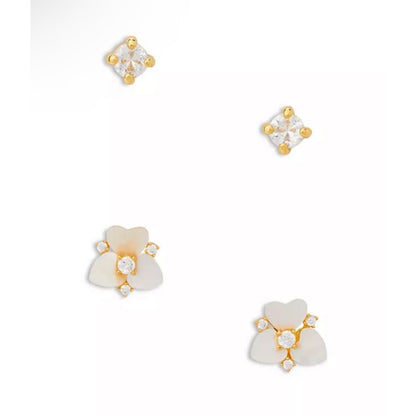 Kate Spade Mother Of Pearl CZ Pansy Earrings (2pc Set) Gold Tone Chic Trendy NWT