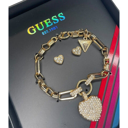 Guess Gold Tone Heart Charm Bracelet Earrings (3pc Set) Travel Case Trendy Vday