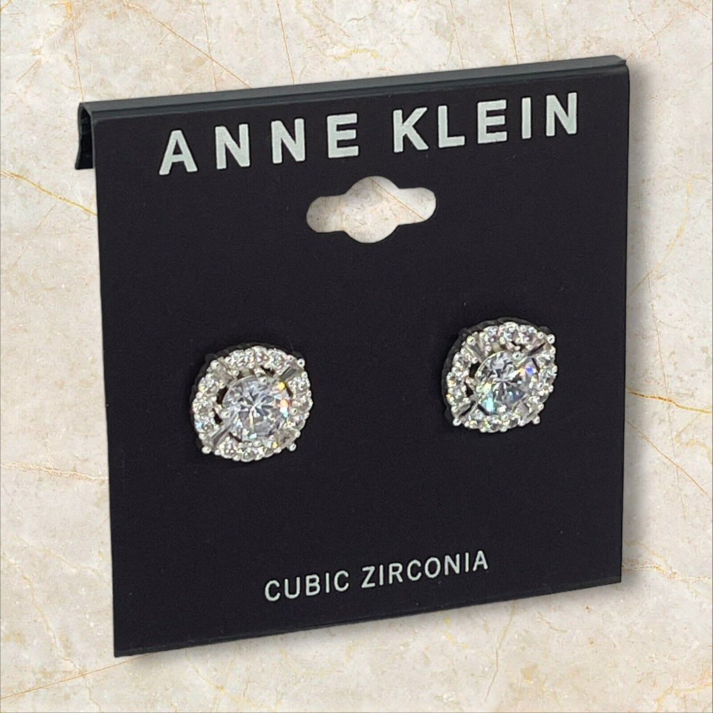 Anne Klein Silver Tone Elevated CZ Stud Earrings Stunning Shiny Glitz Style NWT