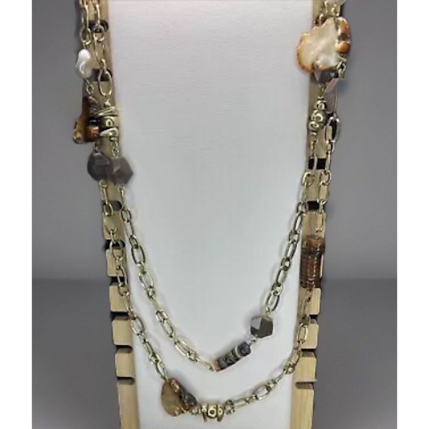 Gold Tone Crystal Boho Necklace 40" Stone Statement Style Fashion Intricate NWT