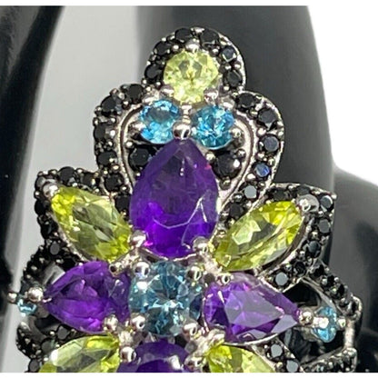 LUXY Gems Natural Topaz Amethyst Peridot Spinel Sterling Silver Ring Luxury Sz 7