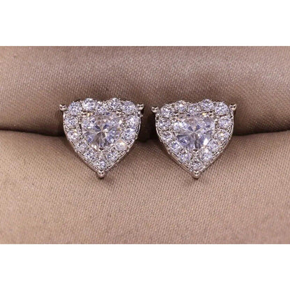 Silver Tone Crystal Heart Halo Stud Earrings Stunning Chic Trendy Fashion Vday