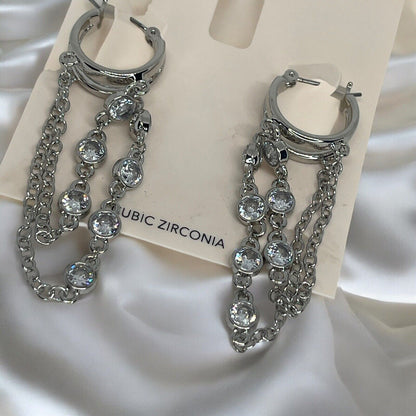 Silver Tone CZ Chain Drop Earrings Statement Chic Stunning Trendy Fashion Style