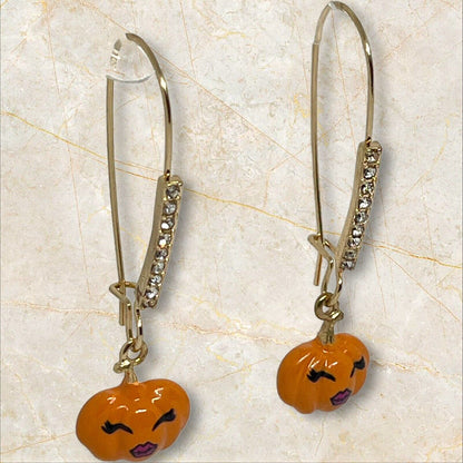 Betsey Johnson Halloween Pumpkin Earrings Gold Tone Crystal Holiday Chic Stylish