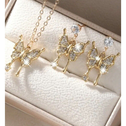 Gold Tone Crystal Butterfly Charm Necklace Earrings (2pc Set) Chic Trendy Style