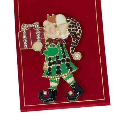 Gold Tone Working Elf Xmas Brooch Crystal Christmas Holiday Winter Fashion NWT