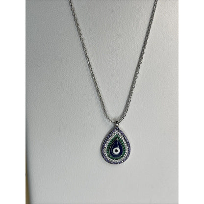 Silver Plated CZ Evil Eye Necklace Intricate Teardrop Style Trendy Stunning Chic