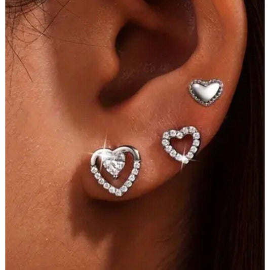 Silver Plated Crystal Heart Earrings (3pc Set) Chic Fashion Stunning Style Vday