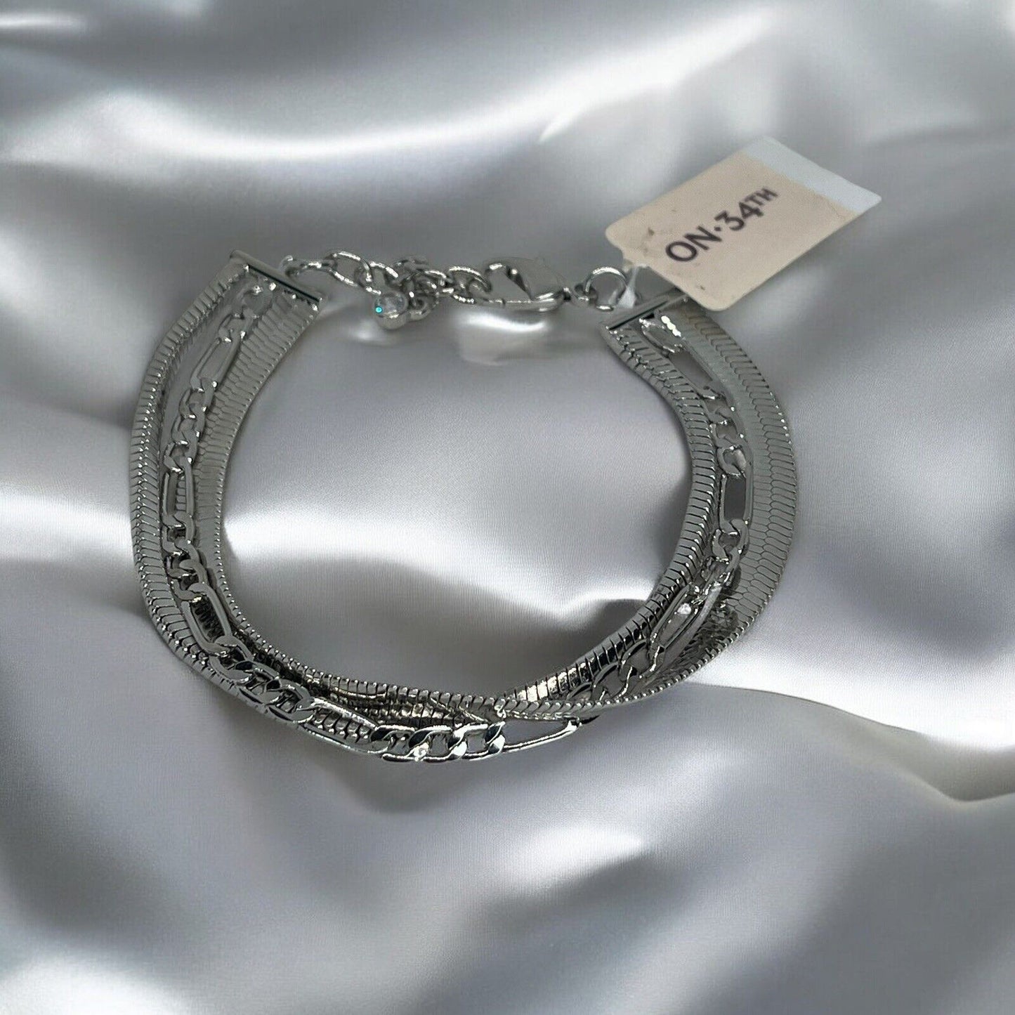 Silver Tone Triple Chain Bracelet Fashion Stylish Trendy Shiny Chic Elegant NWT