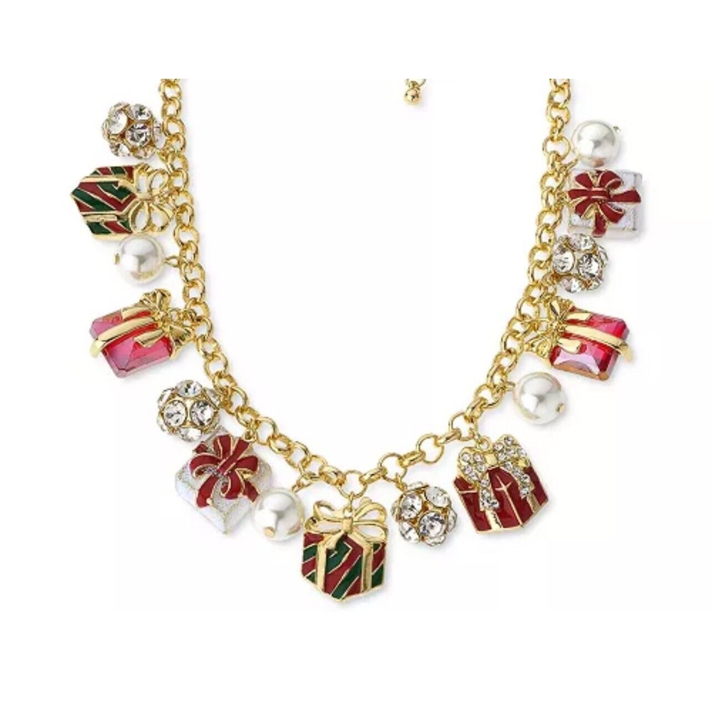 Gold Tone Faux Pearl Xmas Present Necklace Holidays Bow Elegant Chic Fashion NWT